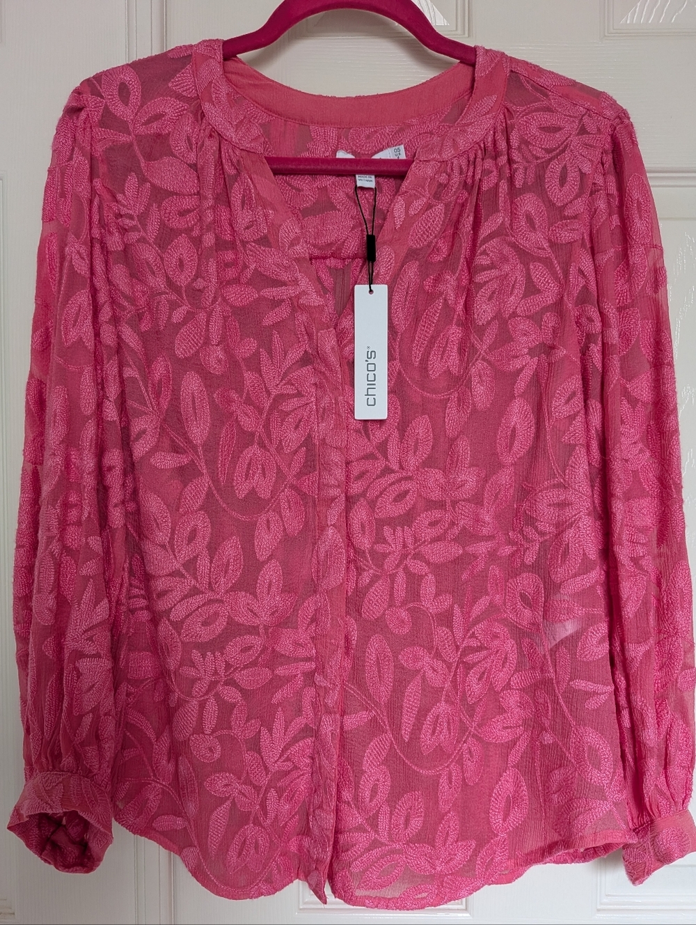 Chico's Hot Pink Embroidered Leaf Sheer Blouse,NWT, Large,-read